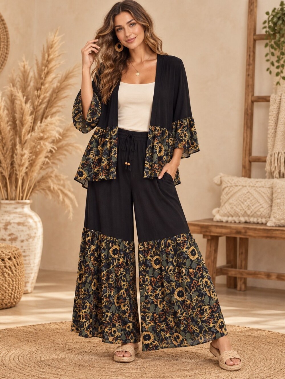 481.Boho Floral Trim Knitted Wide-Leg Pants And Cardigan Set - Black